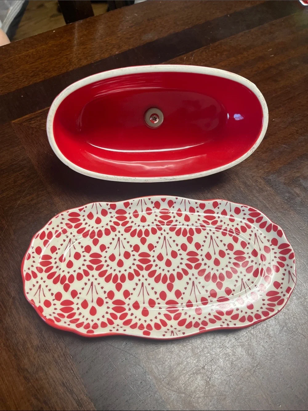 The Pioneer Woman Red Ceramic Butter Dish with Glass Knob